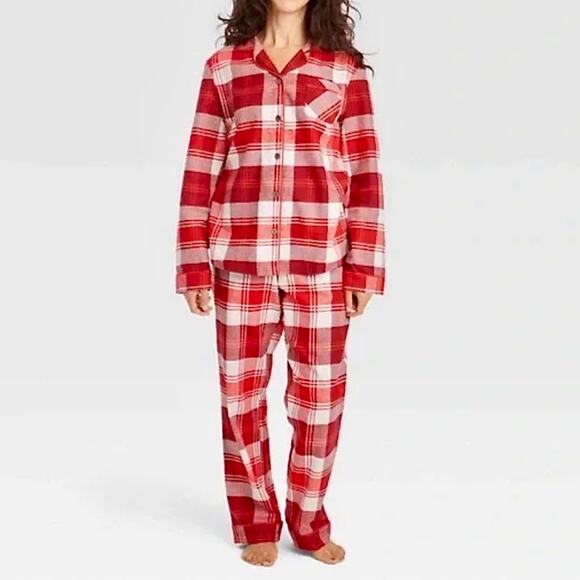 NWOT PJ Set Boxy Plaid Flannel Oversized Cozy Comfy Red Cream Plus Size 3x - Picture 1 of 9